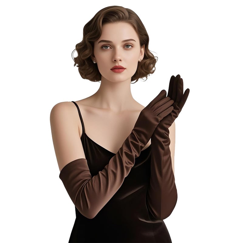 THARAHT Women Long Gloves with Satin Elbow Length for 1920s Opera Tea Party Costumes Bridal Evening Dress,Coffee - Image 1