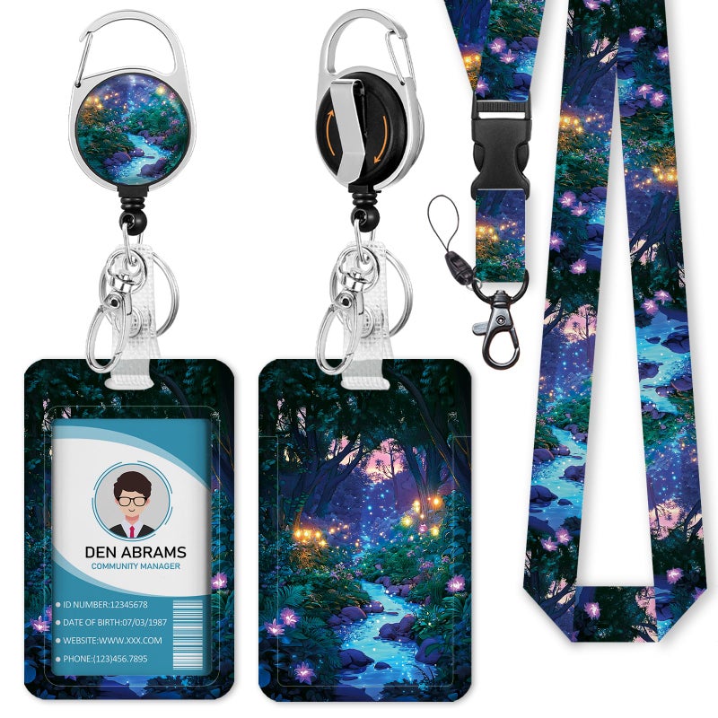Piefly Lanyards for Id Badges, Fireflies Forest Badge Holder with Retractable Reel Belt Clip, Purple Work Name Tag Lanyard Vertical ID Card Protector Case for Women Nurse Doctor Teacher Student - Image 1