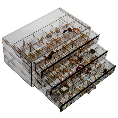 YUFONG Earring Storage Box Organizer 3 Drawers Acrylic Jewelry Storage Box Holder Transparent Jewelry Display Stand with 72 Small Compartments Gift for Women Girls (Clear Black) - Image 1