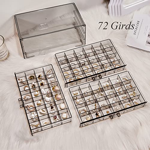 YUFONG Earring Storage Box Organizer 3 Drawers Acrylic Jewelry Storage Box Holder Transparent Jewelry Display Stand with 72 Small Compartments Gift for Women Girls (Clear Black) - Image 2