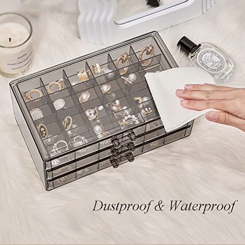 YUFONG Earring Storage Box Organizer 3 Drawers Acrylic Jewelry Storage Box Holder Transparent Jewelry Display Stand with 72 Small Compartments Gift for Women Girls (Clear Black) - Image 4