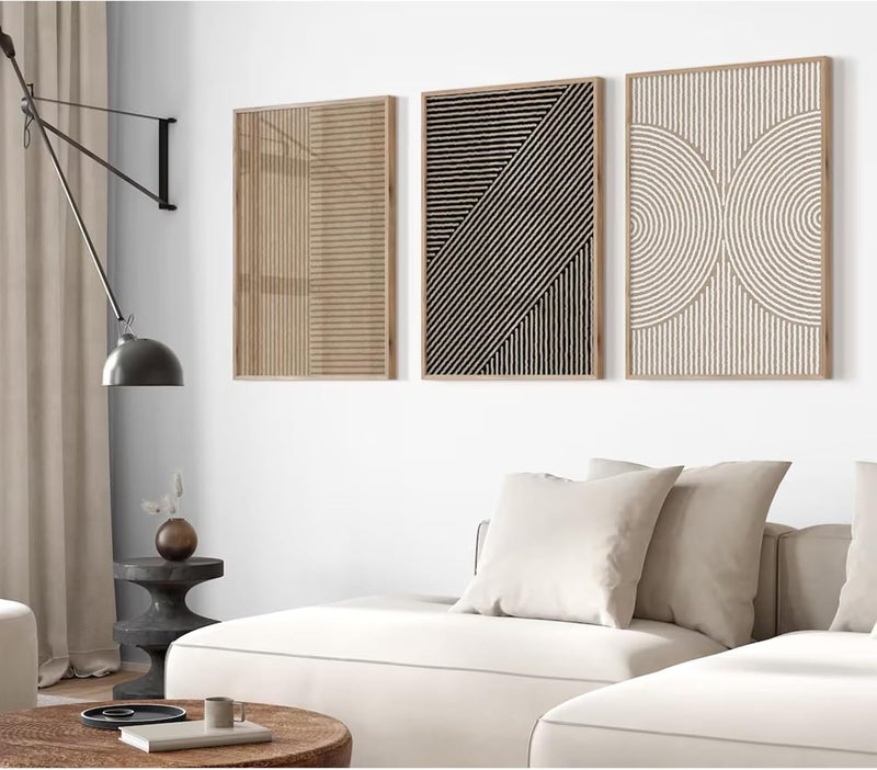 Youillne Permanent & temporary usable Boho Modern Wall Art Pictures Neutral Abstract Canvas Wall Decor Minimalist Line Wall Art Beige Brown Black Poster Mid Century Painting Artwork for Living Room Bedroom 24x36 Inch Unframed Set of 3 Foldable - Image 1