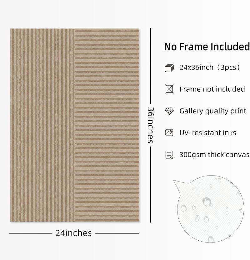 Youillne Permanent & temporary usable Boho Modern Wall Art Pictures Neutral Abstract Canvas Wall Decor Minimalist Line Wall Art Beige Brown Black Poster Mid Century Painting Artwork for Living Room Bedroom 24x36 Inch Unframed Set of 3 Foldable - Image 2