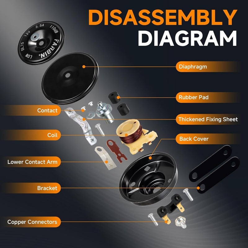 FARBIN Car Horn 12V Compact Motorcycle Horn 110dB Waterproof High & Low Tone Electric Horns Universal for Motorcycles Passenger Car Off-Road Vehicle Bikes ATVs etc. - Image 4