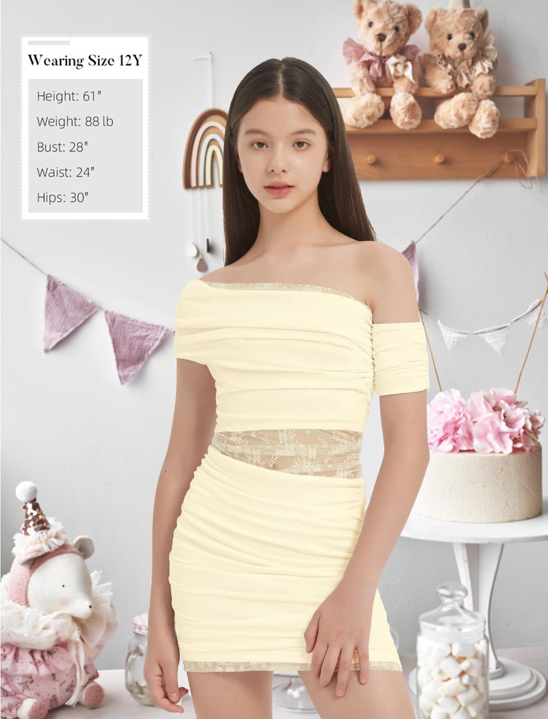 EXARUS Girls Bodycon Dress Ruched Teen Mini Party Prom Formal Dresses Party Dance Cocktail Ball Homecoming Tween Tight Lace Mesh Off The Shoulder Sleeveless Short Cute Fitted Pencil Apricot 12Y - Image 3