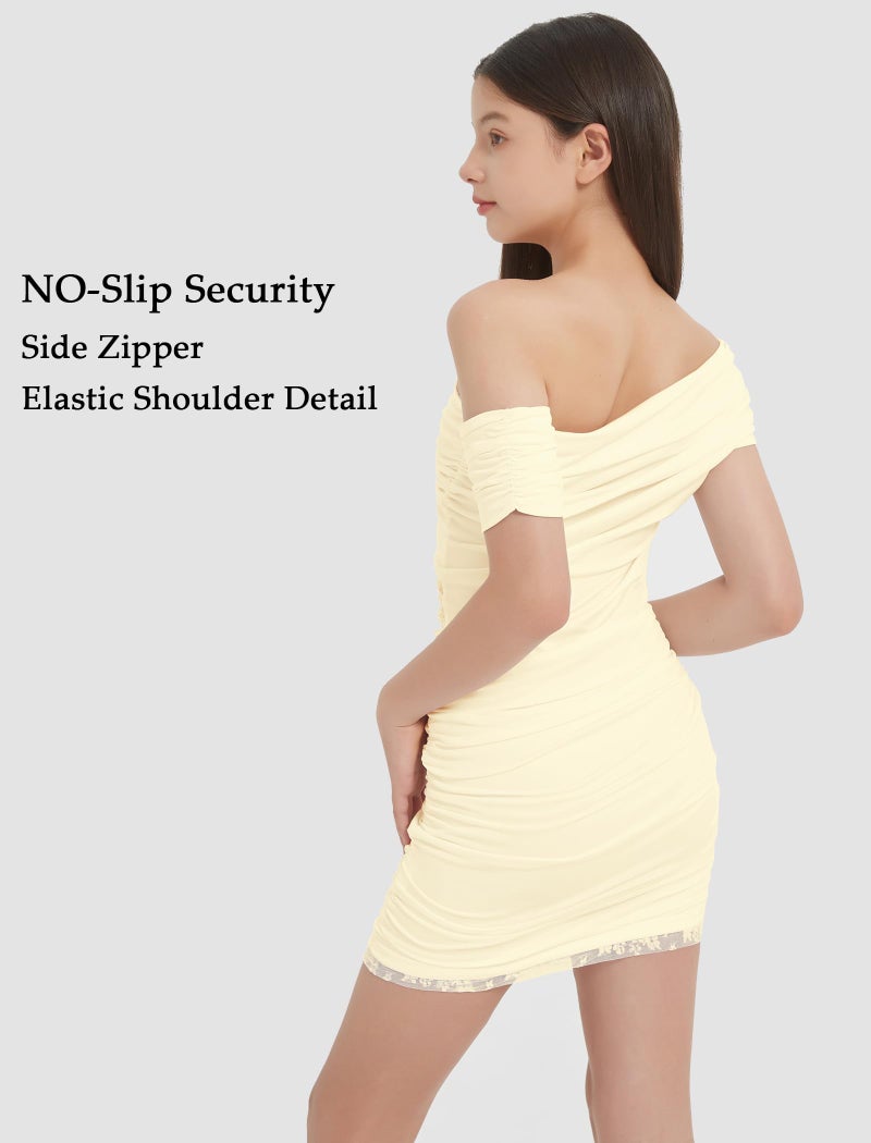 EXARUS Girls Bodycon Dress Ruched Teen Mini Party Prom Formal Dresses Party Dance Cocktail Ball Homecoming Tween Tight Lace Mesh Off The Shoulder Sleeveless Short Cute Fitted Pencil Apricot 12Y - Image 5