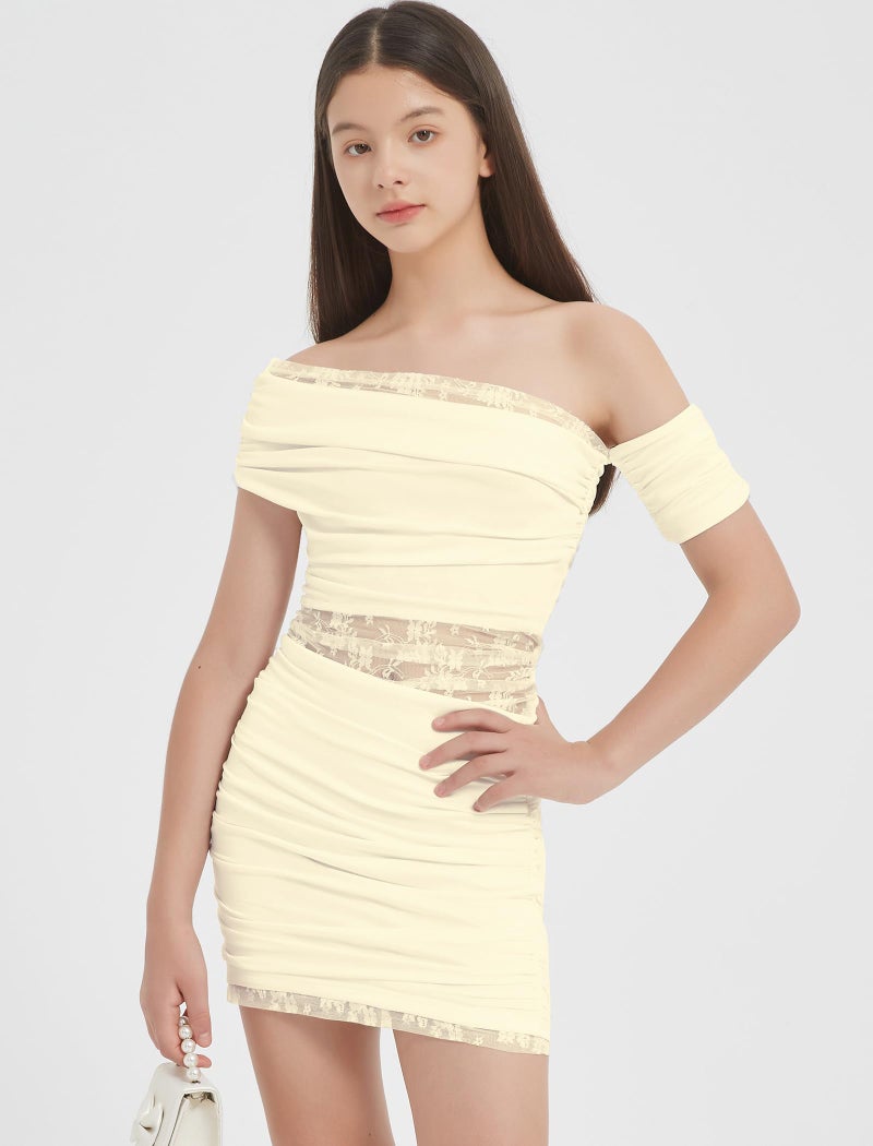 EXARUS Girls Bodycon Dress Ruched Teen Mini Party Prom Formal Dresses Party Dance Cocktail Ball Homecoming Tween Tight Lace Mesh Off The Shoulder Sleeveless Short Cute Fitted Pencil Apricot 12Y - Image 2