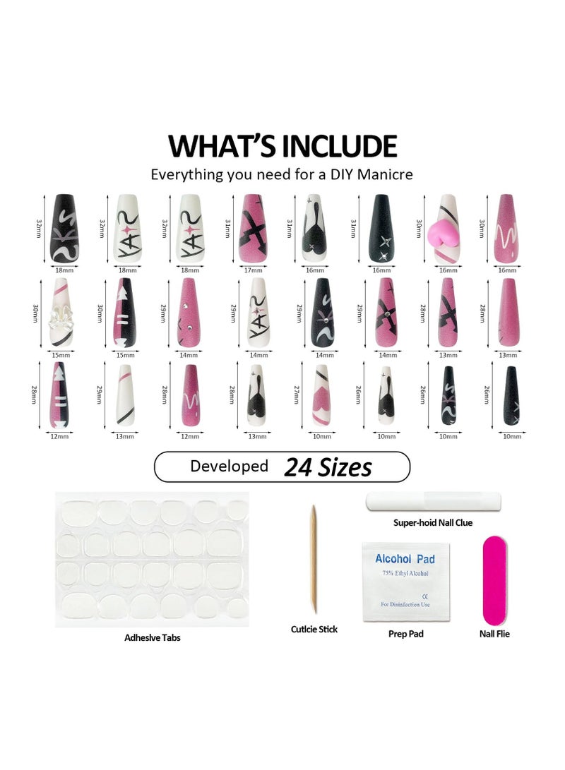 عام أظافر صناعية، سطح طويل مطفي مزين بقلوب وردية وأربطة بيضاء، أظافر مضغوطة بأسلوب إنستغرام الفاخر الخفيف، أظافر صناعية ذات نمط أسود ووردي للسيدات، مجموعة مجانية تحتوي على 24 قطعة - Image 4