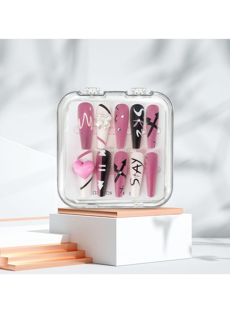 عام أظافر صناعية، سطح طويل مطفي مزين بقلوب وردية وأربطة بيضاء، أظافر مضغوطة بأسلوب إنستغرام الفاخر الخفيف، أظافر صناعية ذات نمط أسود ووردي للسيدات، مجموعة مجانية تحتوي على 24 قطعة - Image 3