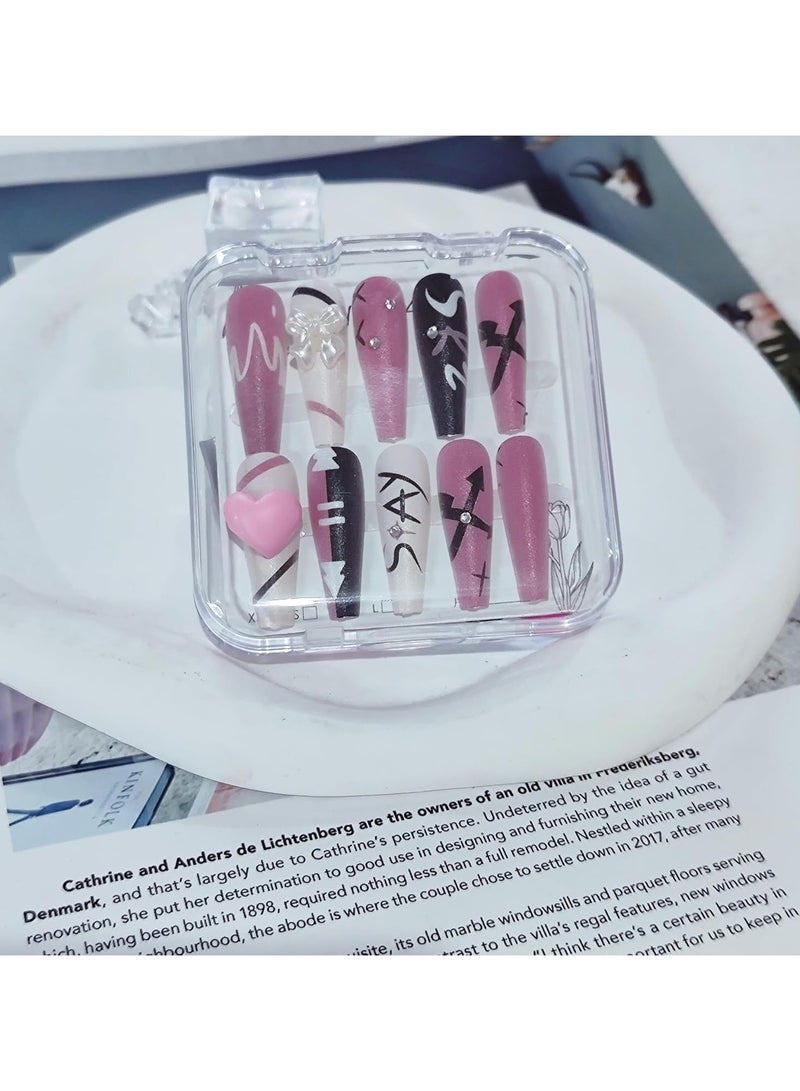 عام أظافر صناعية، سطح طويل مطفي مزين بقلوب وردية وأربطة بيضاء، أظافر مضغوطة بأسلوب إنستغرام الفاخر الخفيف، أظافر صناعية ذات نمط أسود ووردي للسيدات، مجموعة مجانية تحتوي على 24 قطعة - Image 1