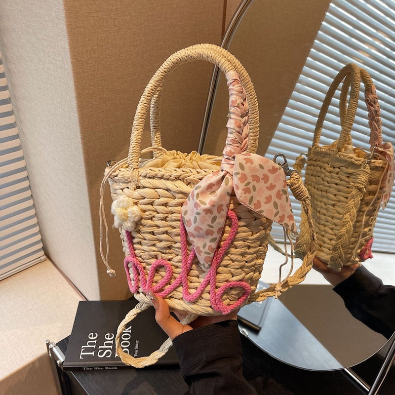 Bucket Bag For Women Hand-Woven Small Fresh One-Shoulder Cross-Body Bag Beach Vacation Straw Bag