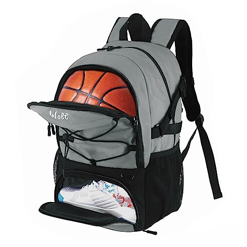 WOLT Basketball Backpack Large Sports Bag with Separate Ball Holder Shoes Compartment Gifts for Basketball Soccer Volleyball Swim Gym Travel Light Grey - Image 1
