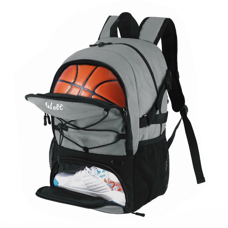 WOLT Basketball Backpack Large Sports Bag with Separate Ball Holder Shoes Compartment Gifts for Basketball Soccer Volleyball Swim Gym Travel Light Grey - Image 2