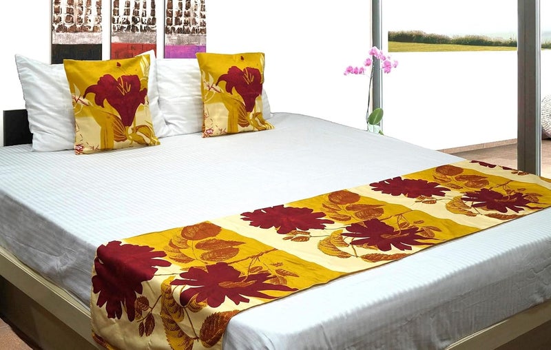 Vissage Vissage Floral Printed Double Bed Runner with 2 Cushion Covers Yellow  - Image 1