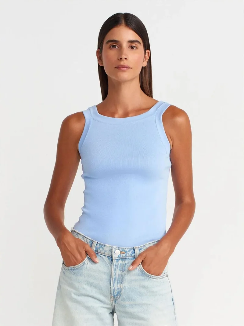 ديلفين DILVIN Sleeveless Ribbed Square-neck Blouse