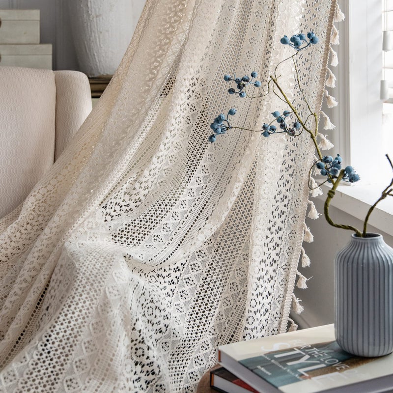 JOOJA Boho Lace 2 Panels Beige Lace Sheer Curtains with Crochet Semi Sheer for Living Room Bedroom Farmhouse Bohemian Style Modern Curtains Crochet Beige 59x84