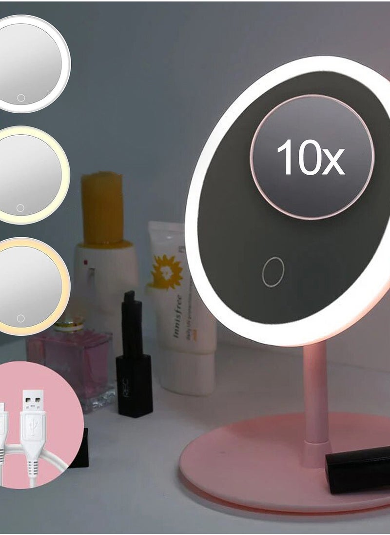 Rightsure Lighted Makeup Mirror with Magnification 10X, 7 Inch 3 Color Dimmable Lights Cosmetic Mirror, 90° Swivel Rechargeable LED Vanity Mirror, Portable Table Desk Counter top Mirror Standing Mirror  - Image 1