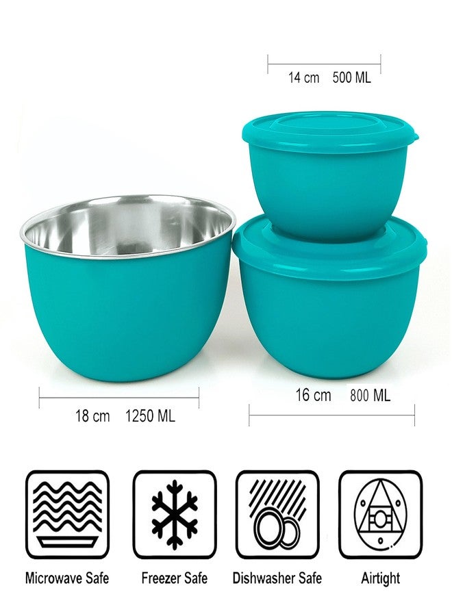 Zaib Microsafe Stainless Steel Food Storage Container Set of 6 (Combo of 2 Sets) | Microwave Safe & Re-heatable Bowls with Lids | Turquoise & Sand Brown | Kitchen Snack Serving & Storage Set - Image 2