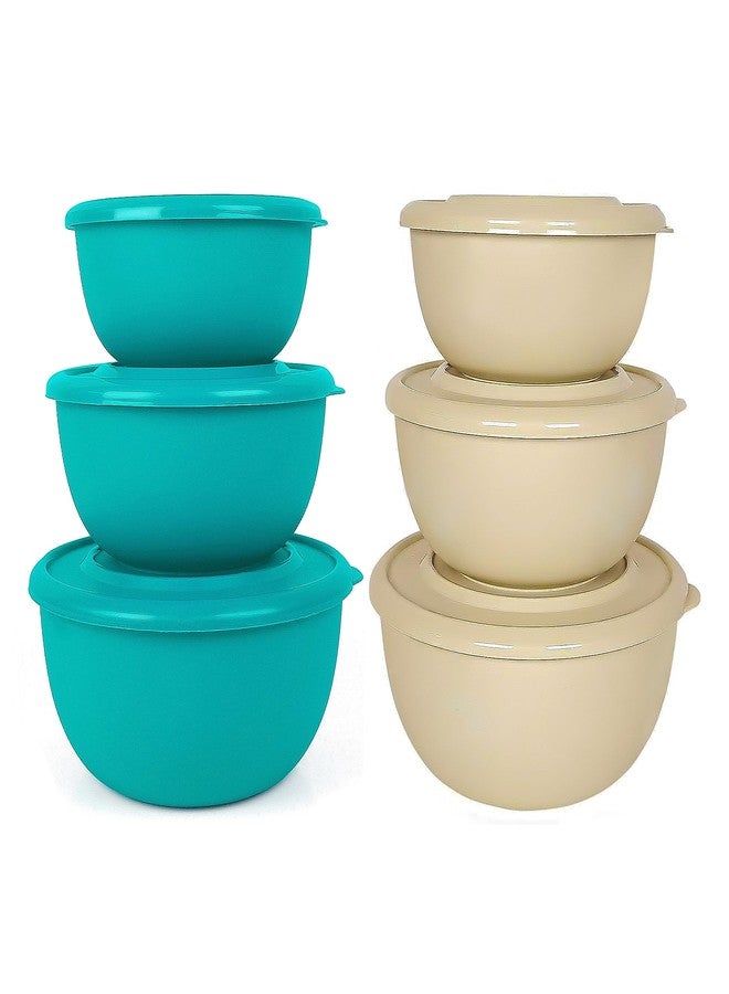 Zaib Microsafe Stainless Steel Food Storage Container Set of 6 (Combo of 2 Sets) | Microwave Safe & Re-heatable Bowls with Lids | Turquoise & Sand Brown | Kitchen Snack Serving & Storage Set - Image 1