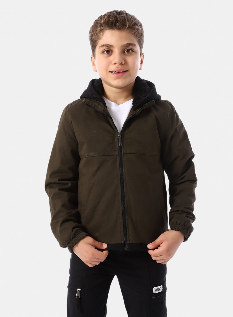 Andora Bi Tone Gabardine Boys' Hooded Jacket - Dark Olive & Black - Image 1