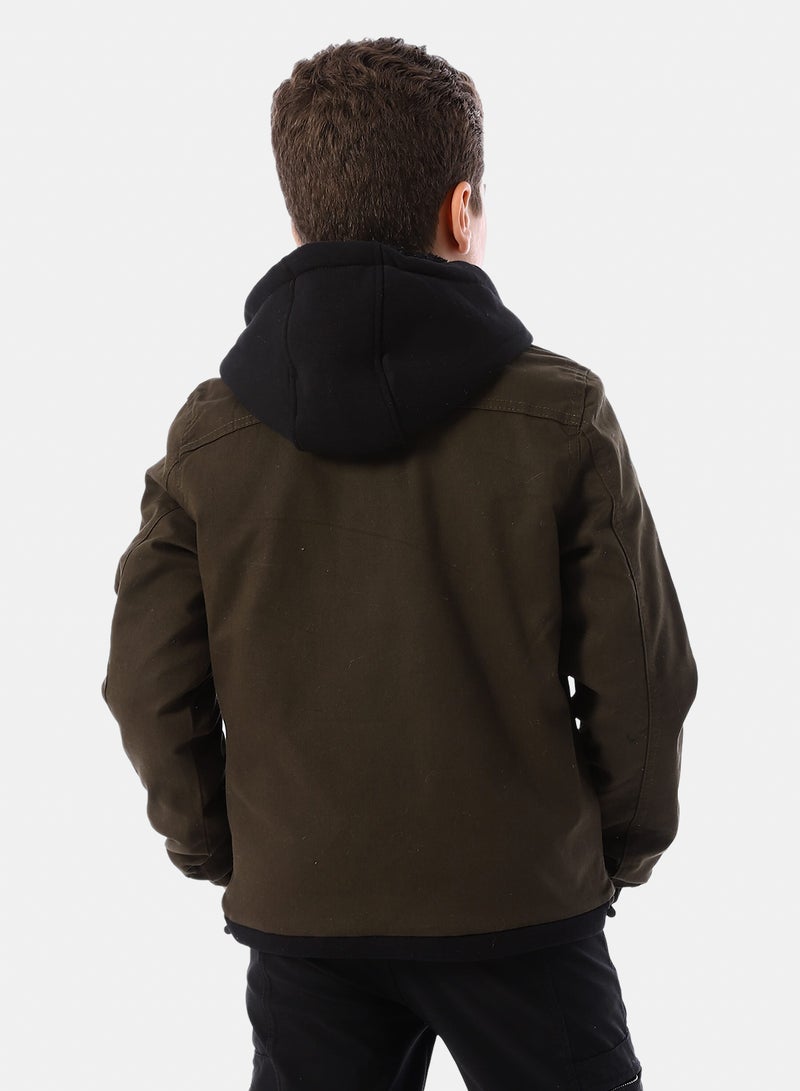 Andora Bi Tone Gabardine Boys' Hooded Jacket - Dark Olive & Black - Image 3