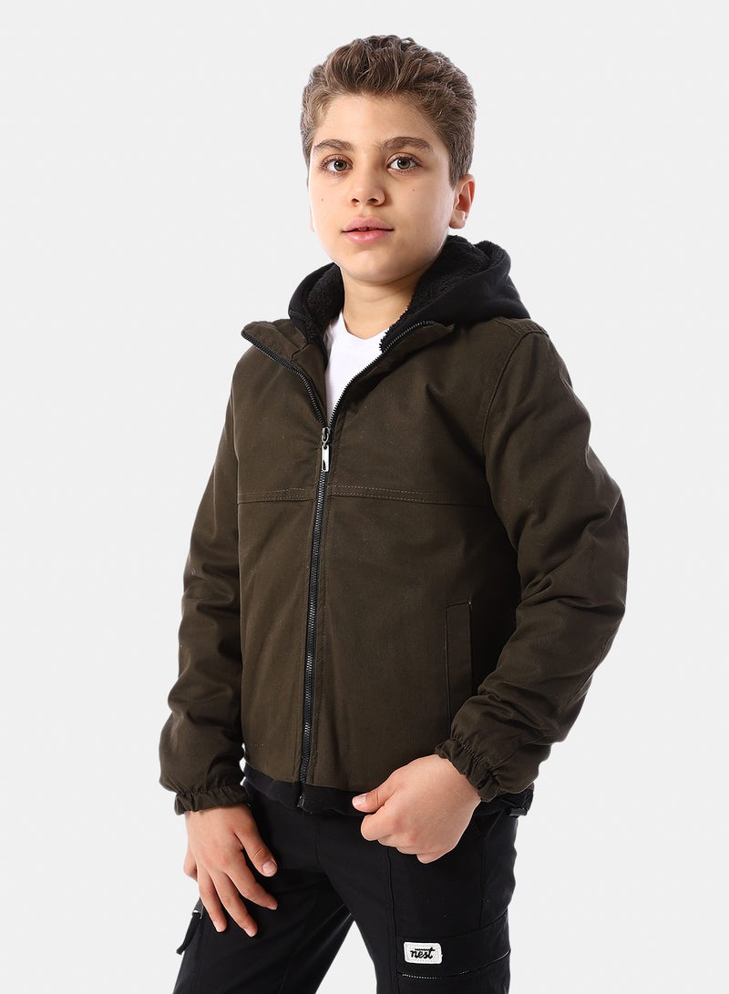 Andora Bi Tone Gabardine Boys' Hooded Jacket - Dark Olive & Black - Image 2