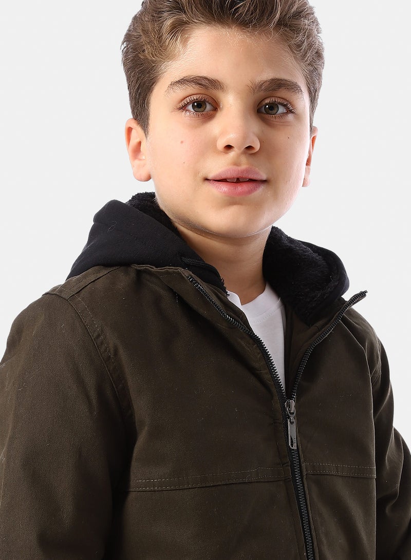 Andora Bi Tone Gabardine Boys' Hooded Jacket - Dark Olive & Black - Image 4