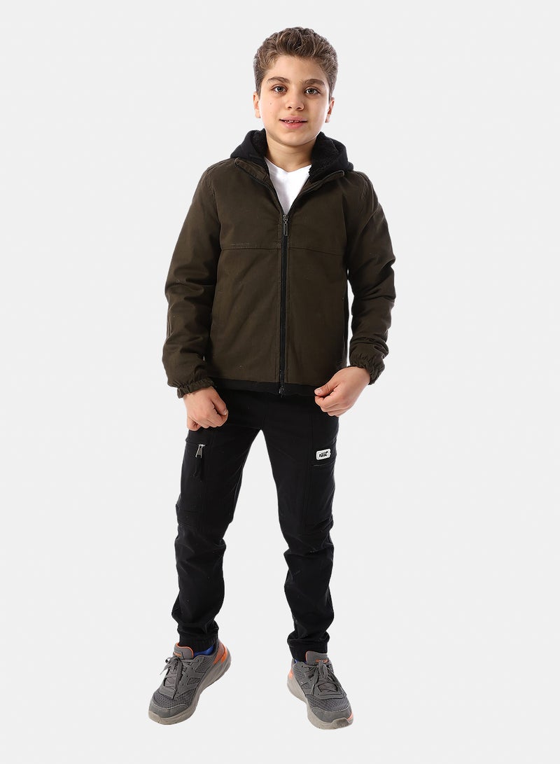 Andora Bi Tone Gabardine Boys' Hooded Jacket - Dark Olive & Black - Image 5