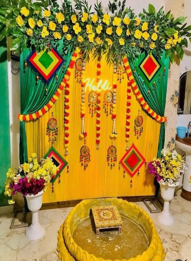 SELLPLUS Paper Backdrop Setup For Mehndi, Haldi, Marrige, Pooja, Ganpati, Home Decoration Combo Of Marigold Strings Festival Decor, 15 Cm (Design 10) - Image 1