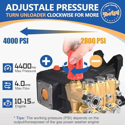 TOOLCY Pressure Washer Pump 3600-4400 PSI Max, 4 GPM Triplex Plunger Pressure Pump, Horizontal 1 inch Shaft Gas Power Washer Pump with Pressure Adjustment Unloader, Direct Drive - Image 2