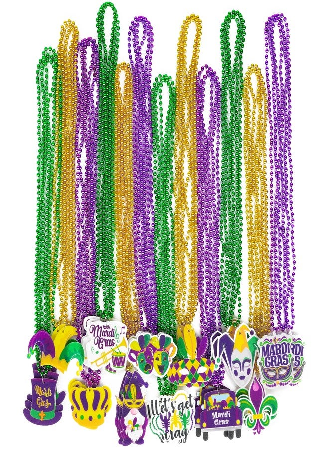 EOBOH 100PCS Mardi Gras Necklace, 12 Kinds Mardi Gras Beads Pendant Necklace Bulk, Metallic Mardi Gras Green Purple Gold Beads Parade Throw Costumes, Festival Carnivals Celebration Events Party Throws - Image 1
