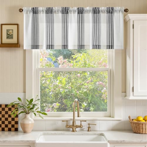 jinchan Striped Linen Valance Curtain 16 Inch Vertical Striped Valance for Kitchen Bathroom Light Filtering Rod Pocket Cottagecore Farmhouse Semi Sheer Short Window Curtain 1 Panel Black - Image 3