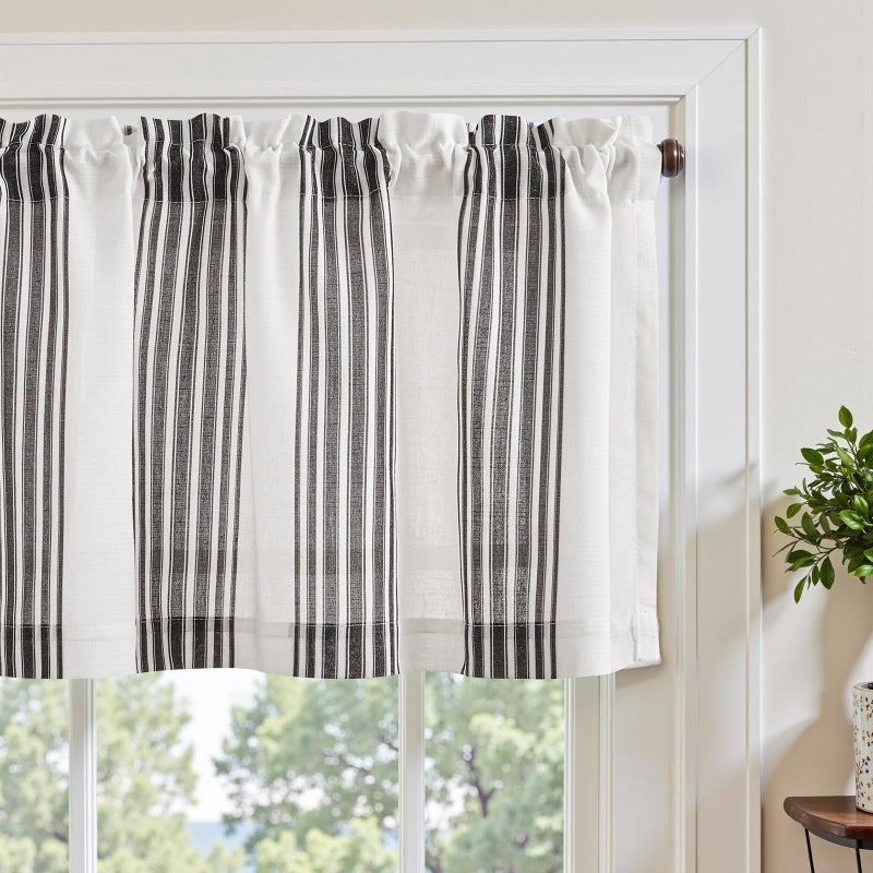jinchan Striped Linen Valance Curtain 16 Inch Vertical Striped Valance for Kitchen Bathroom Light Filtering Rod Pocket Cottagecore Farmhouse Semi Sheer Short Window Curtain 1 Panel Black - Image 2