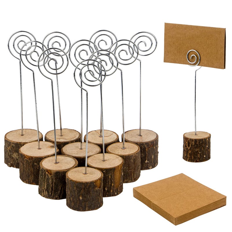 LepoHome 20 Pcs Wood Place Card Holders Rustic Wood Table Number Holders Stands and 30 Pcs Kraft Place Cards Wooden Name Cards Photo Holders for Wedding Party Sign Food Cards Label