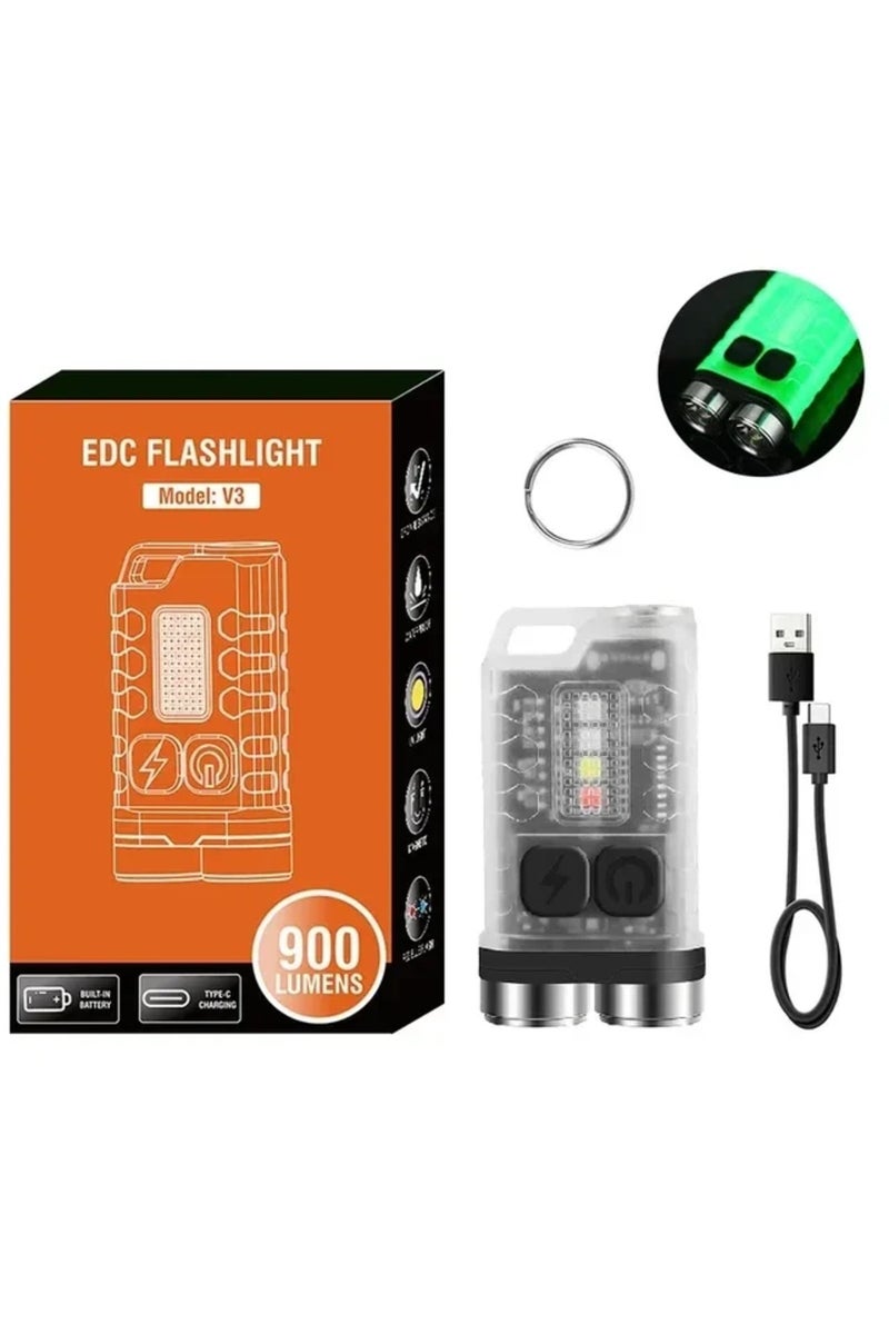 Fluorescence 1PCS V3 EDC Flashlight Keychain Light 900 Lumens Handheld Portable Super Bright TYPE-C