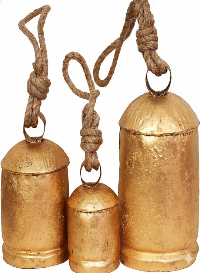 TrendBell Tibetan Inspired Gold Metal Christmas Bells Set, 3-Piece Decorative Hanging Cow Bells in Gold Brass, Large 8x3.6, Medium 6x3.1, Small 4x2.3 Inches with Jute Rope - Image 1