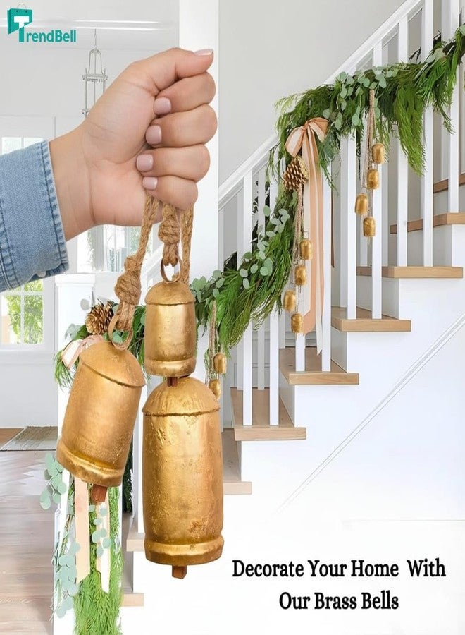 TrendBell Tibetan Inspired Gold Metal Christmas Bells Set, 3-Piece Decorative Hanging Cow Bells in Gold Brass, Large 8x3.6, Medium 6x3.1, Small 4x2.3 Inches with Jute Rope - Image 5