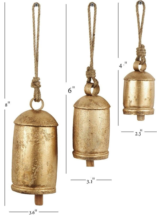 TrendBell Tibetan Inspired Gold Metal Christmas Bells Set, 3-Piece Decorative Hanging Cow Bells in Gold Brass, Large 8x3.6, Medium 6x3.1, Small 4x2.3 Inches with Jute Rope - Image 4