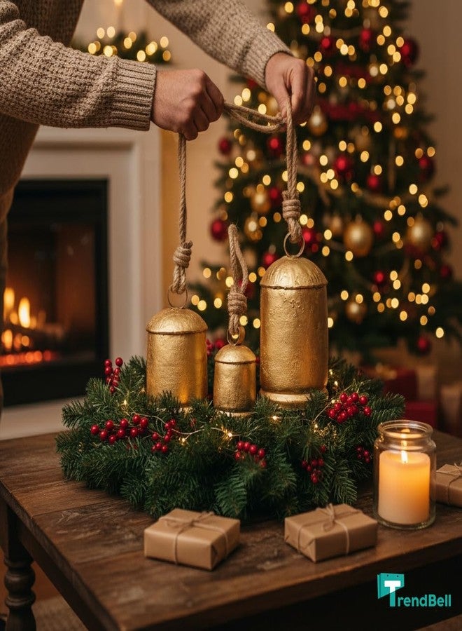 TrendBell Tibetan Inspired Gold Metal Christmas Bells Set, 3-Piece Decorative Hanging Cow Bells in Gold Brass, Large 8x3.6, Medium 6x3.1, Small 4x2.3 Inches with Jute Rope - Image 2