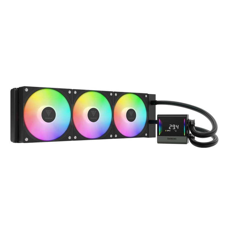 GAMDIAS GAMDIAS CHIONE E4 360mm AIO CPU Liquid Cooler, Real-time Digital Display Patented PWM Pump, Hidden Cable Design, ARGB PWM Fan w/MB Sync, Intel LGA 1700/1200, AMD AM5/AM4, Black  - Image 1