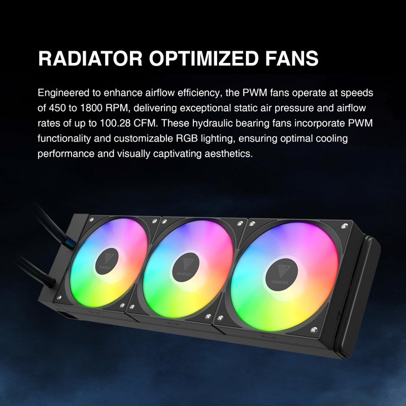 GAMDIAS GAMDIAS CHIONE E4 360mm AIO CPU Liquid Cooler, Real-time Digital Display Patented PWM Pump, Hidden Cable Design, ARGB PWM Fan w/MB Sync, Intel LGA 1700/1200, AMD AM5/AM4, Black  - Image 2