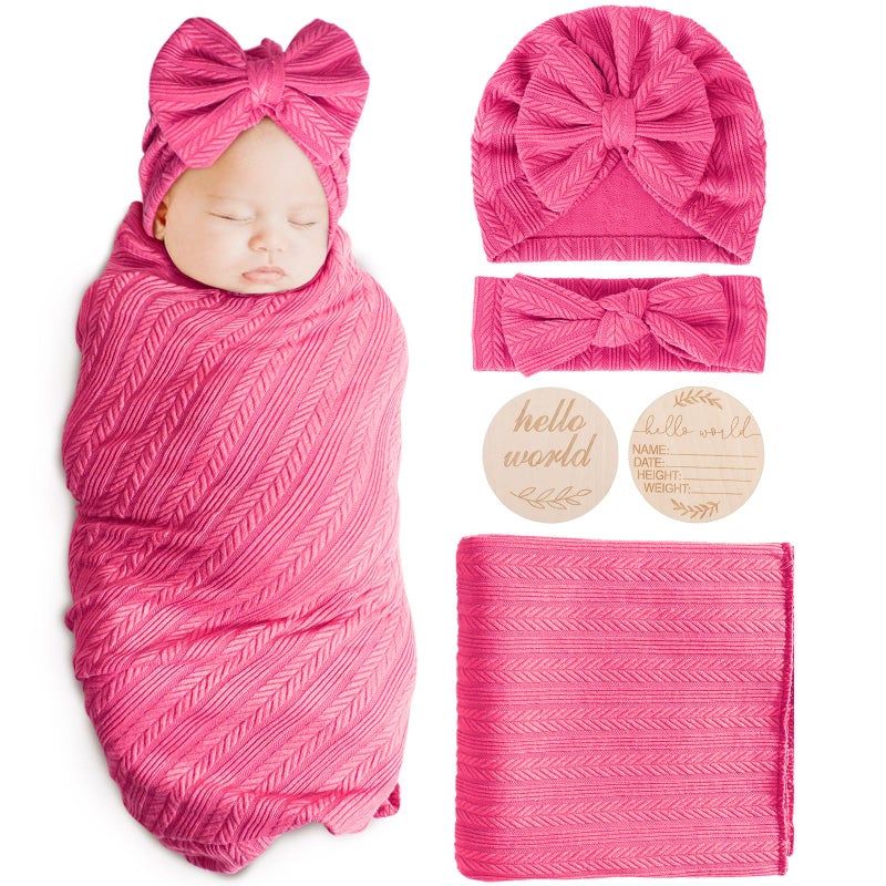 Aqokka Newborn Receiving Blanket With Bow Hat Headband Wooden Card Set Wheat-Pattern Newborns Toddler Baby Boy Girl Nursery Swaddle Wrap - Image 1