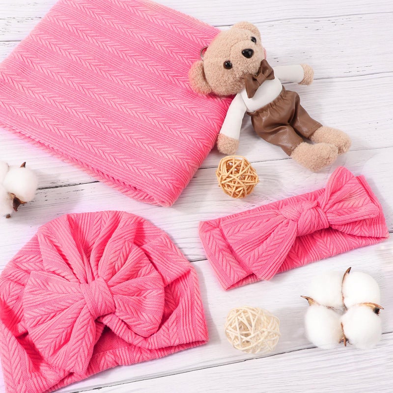 Aqokka Newborn Receiving Blanket With Bow Hat Headband Wooden Card Set Wheat-Pattern Newborns Toddler Baby Boy Girl Nursery Swaddle Wrap - Image 3