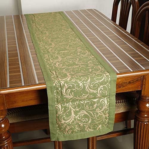 Dekor World Cotton Gold Printed Green Table Runner (33x180cm) (Pack of 1)-6 Seater Dining & Center Table - Image 1