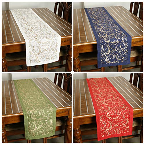 Dekor World Cotton Gold Printed Green Table Runner (33x180cm) (Pack of 1)-6 Seater Dining & Center Table - Image 4