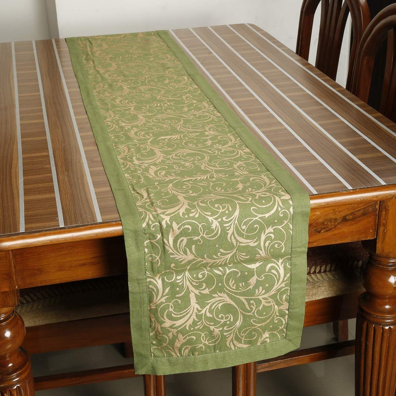 Dekor World Cotton Gold Printed Green Table Runner (33x180cm) (Pack of 1)-6 Seater Dining & Center Table - Image 5