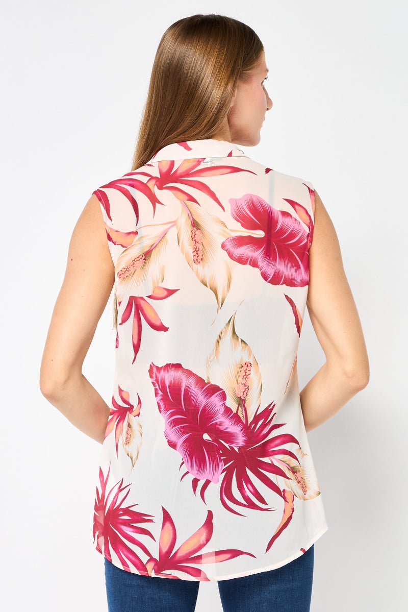 GUESS Women Spread Collar Sleeveless Floral Print Top, Multicolor - Image 4