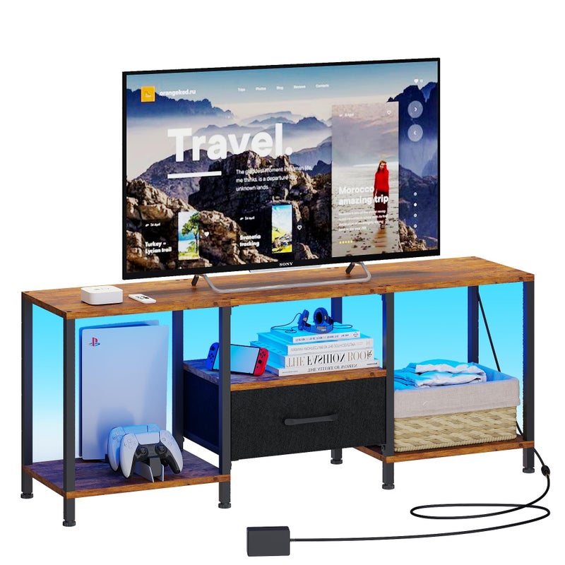 JARHETUN TV Stand with LED Lights, Entertainment Center with Open Shelves and Fabric Drawer, Media Console for 55 Inch TV, Television Stands, Living Room Furniture, Bedroom, Rustic Brown - Image 1