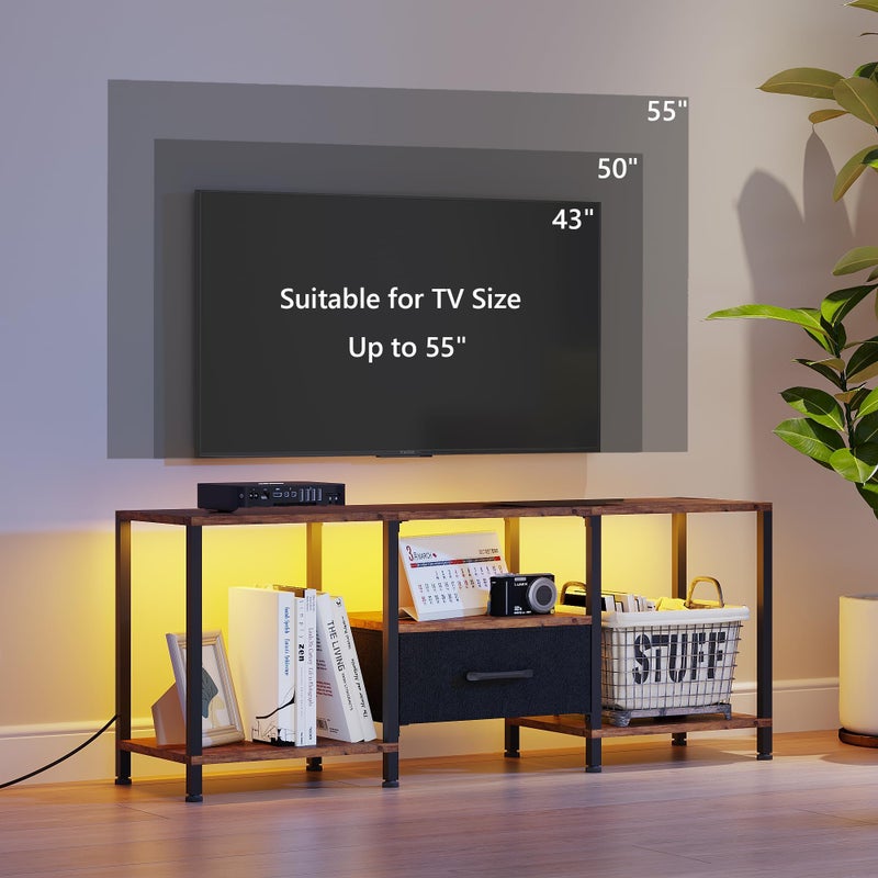 JARHETUN TV Stand with LED Lights, Entertainment Center with Open Shelves and Fabric Drawer, Media Console for 55 Inch TV, Television Stands, Living Room Furniture, Bedroom, Rustic Brown - Image 4