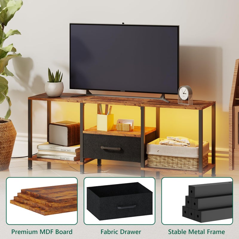 JARHETUN TV Stand with LED Lights, Entertainment Center with Open Shelves and Fabric Drawer, Media Console for 55 Inch TV, Television Stands, Living Room Furniture, Bedroom, Rustic Brown - Image 5
